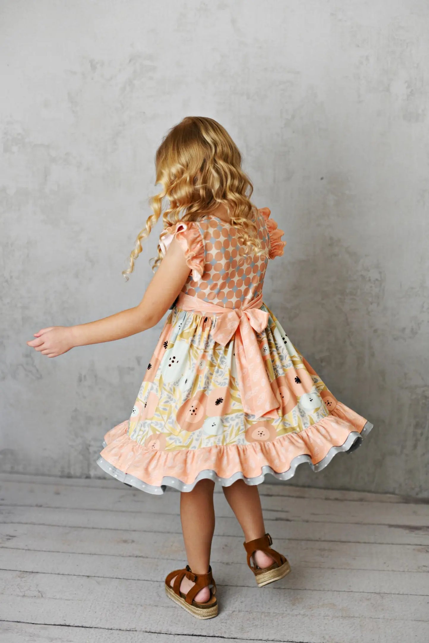 Girls Olivia Peach & Gray Floral Rosette Twirl Spring Dress