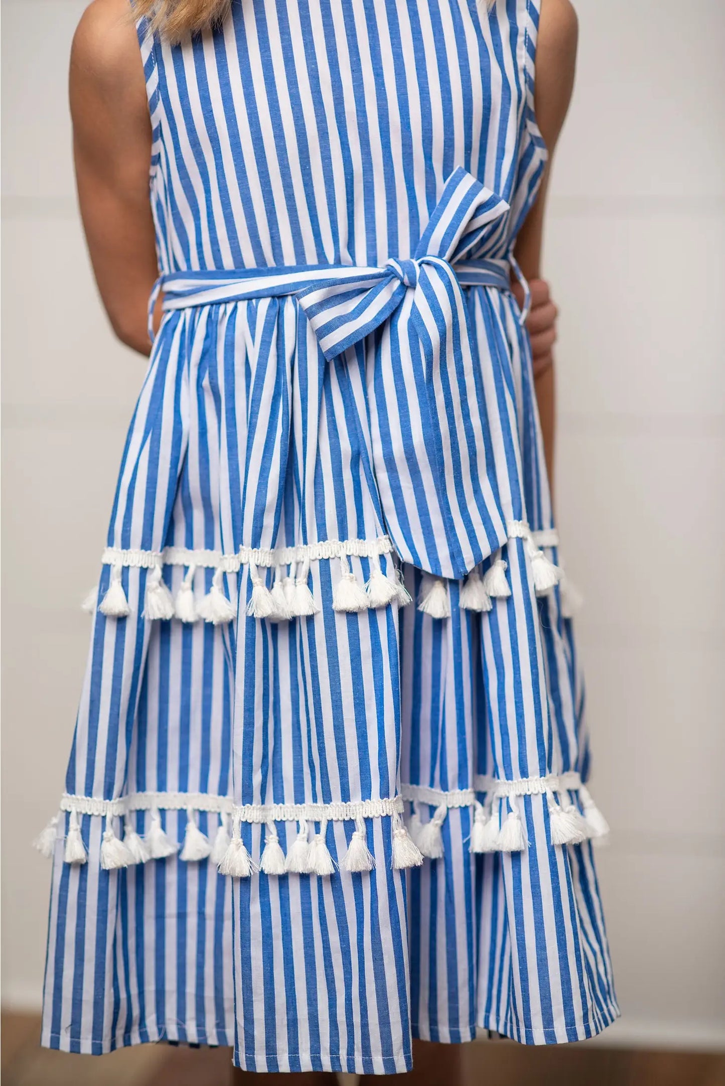 Blue Stripe Tiered Tassel Dress