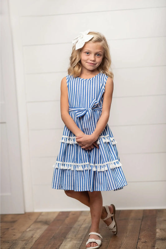 Blue Stripe Tiered Tassel Dress