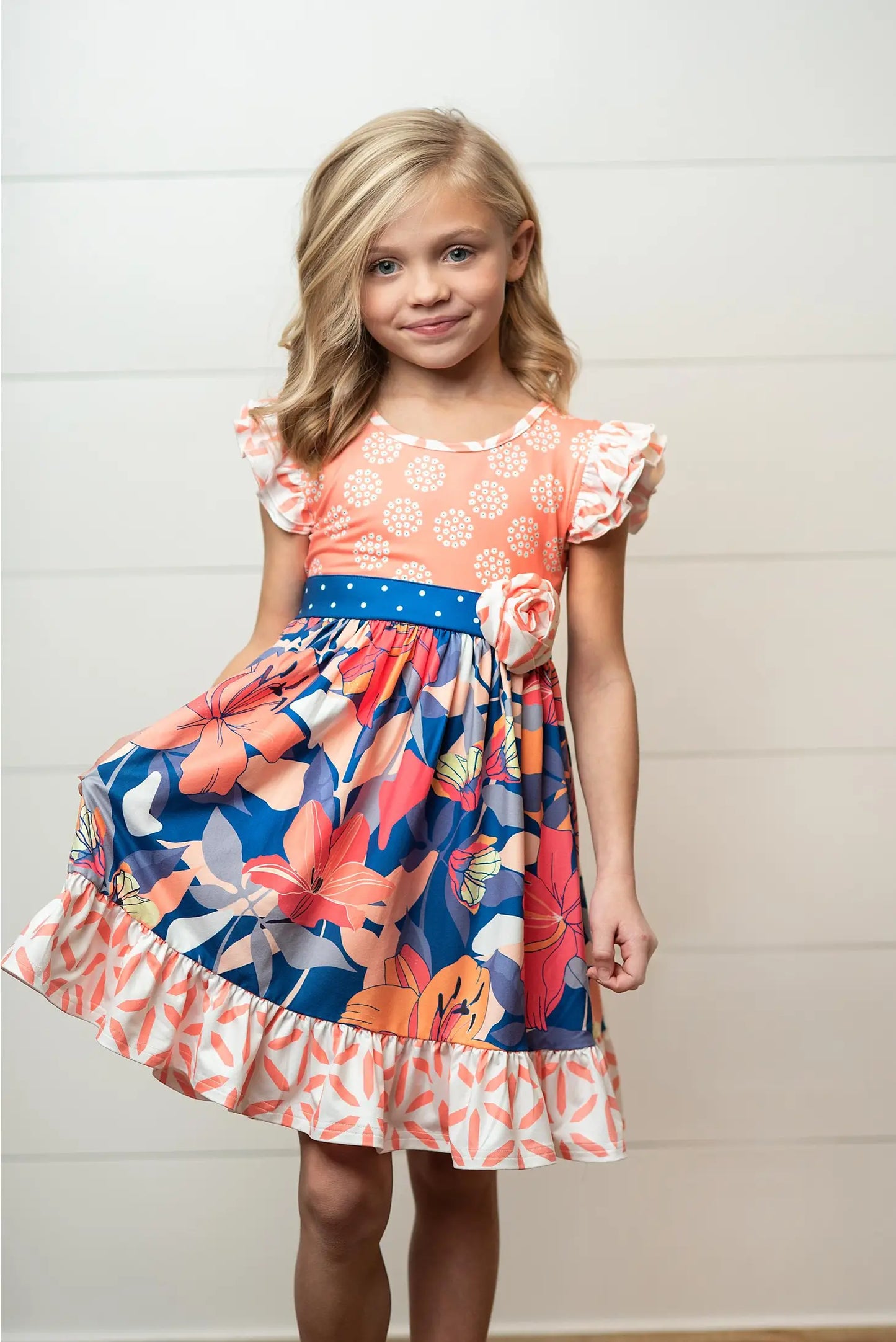 Girls Olivia Coral & Blue Floral Rosette Twirl Spring Dress