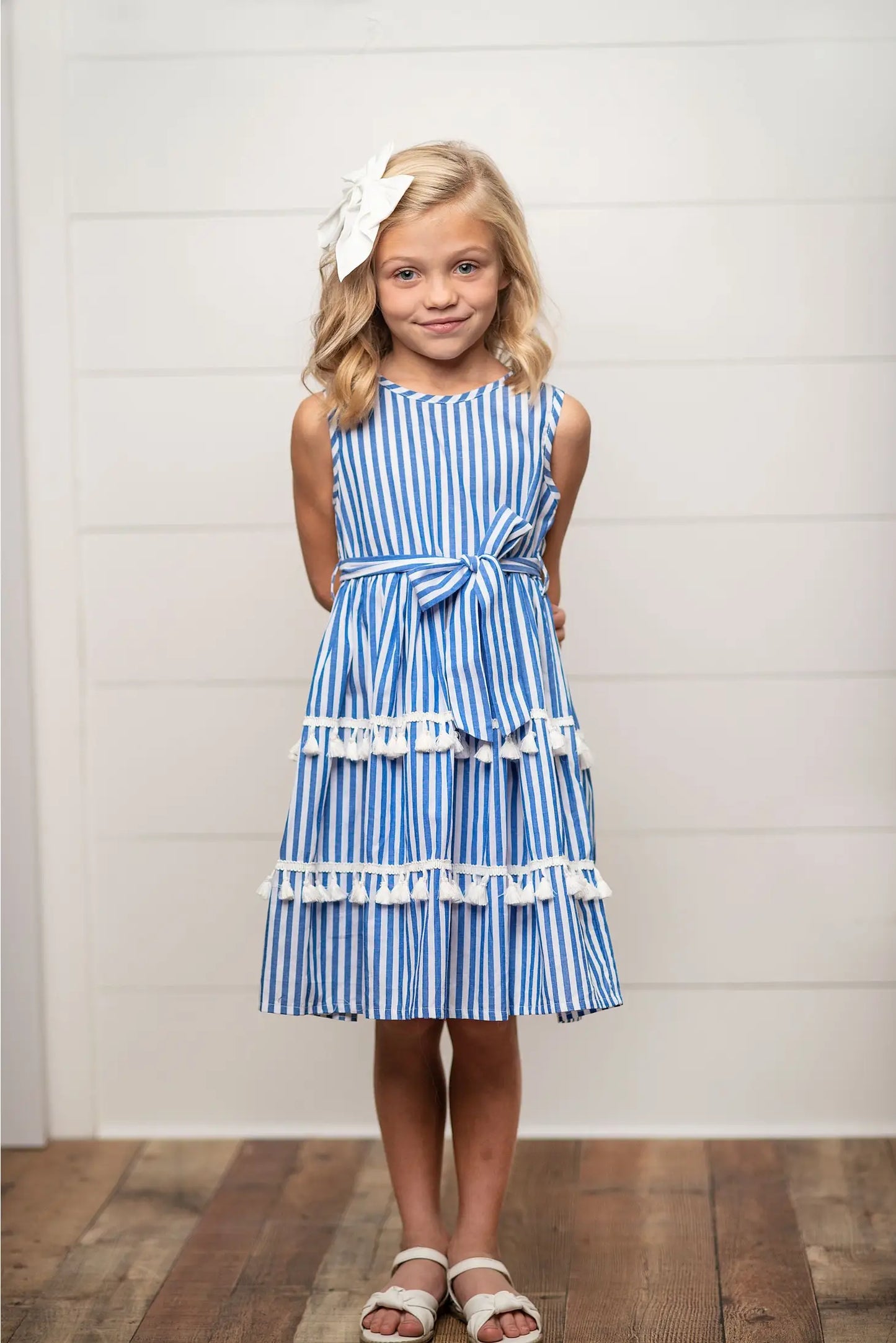 Blue Stripe Tiered Tassel Dress