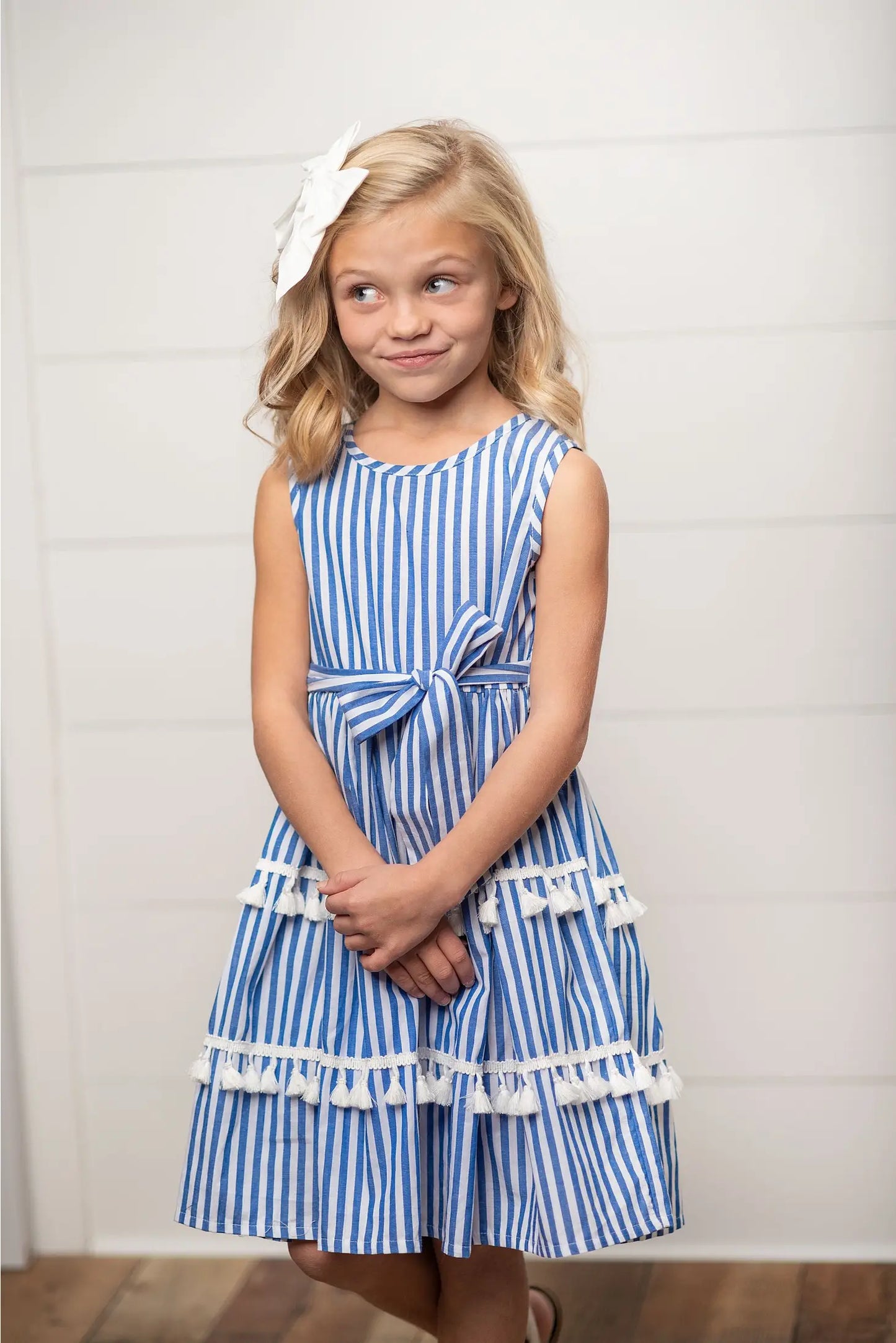 Blue Stripe Tiered Tassel Dress