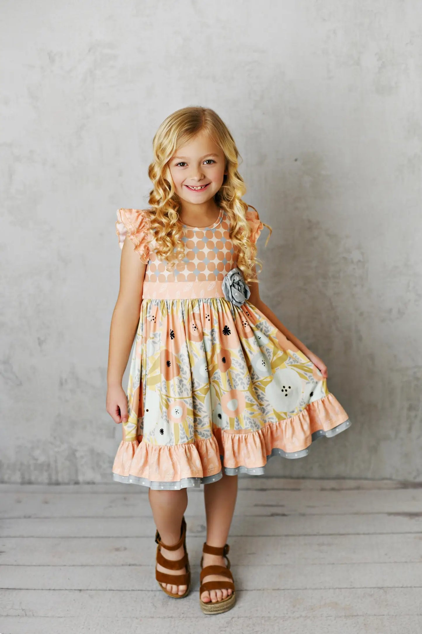 Girls Olivia Peach & Gray Floral Rosette Twirl Spring Dress