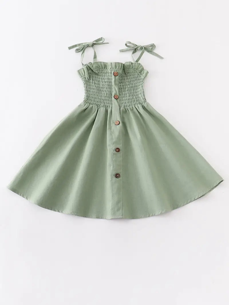 Sage Smocked Strap Button Dress