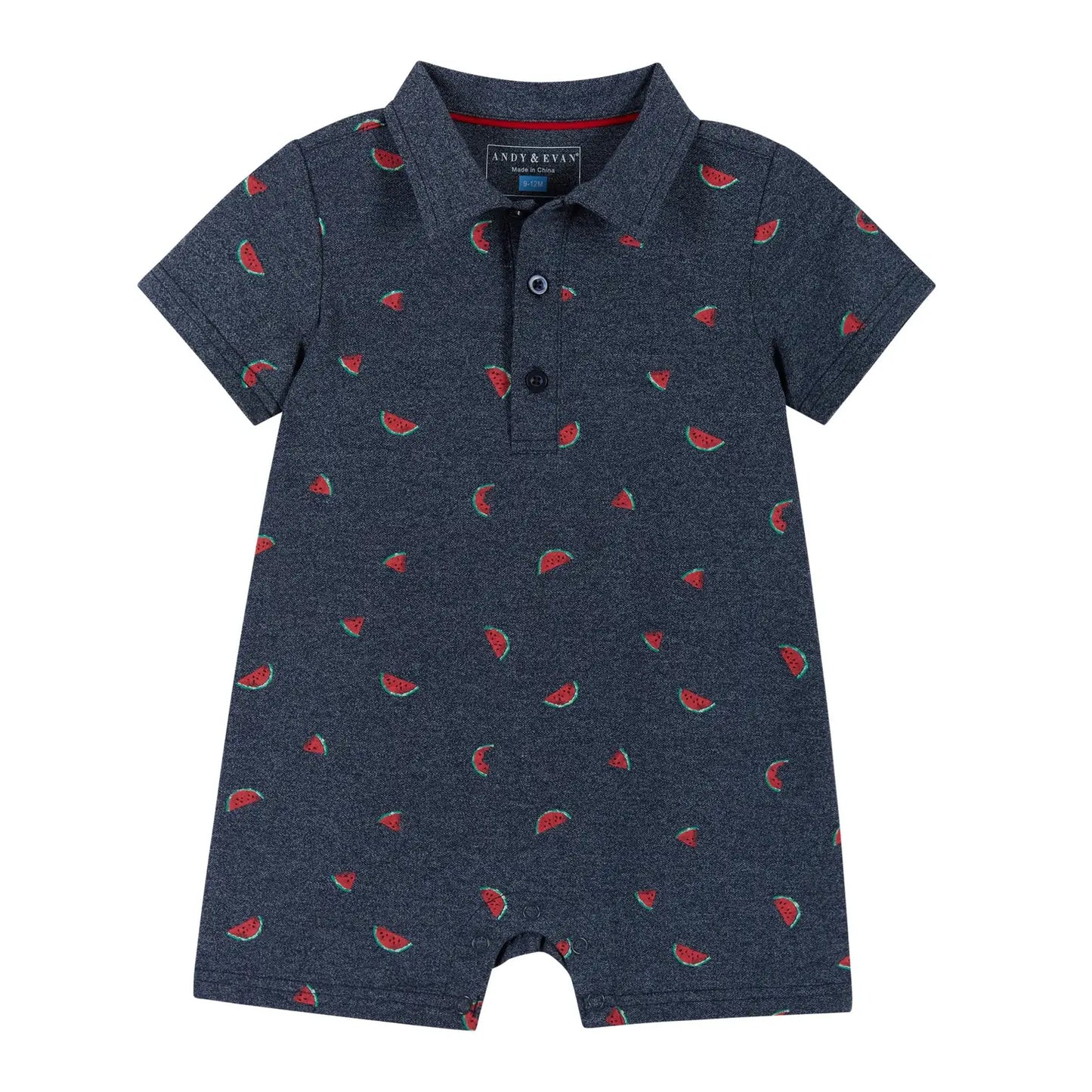 Pique Polo Romper-Navy Watermelon