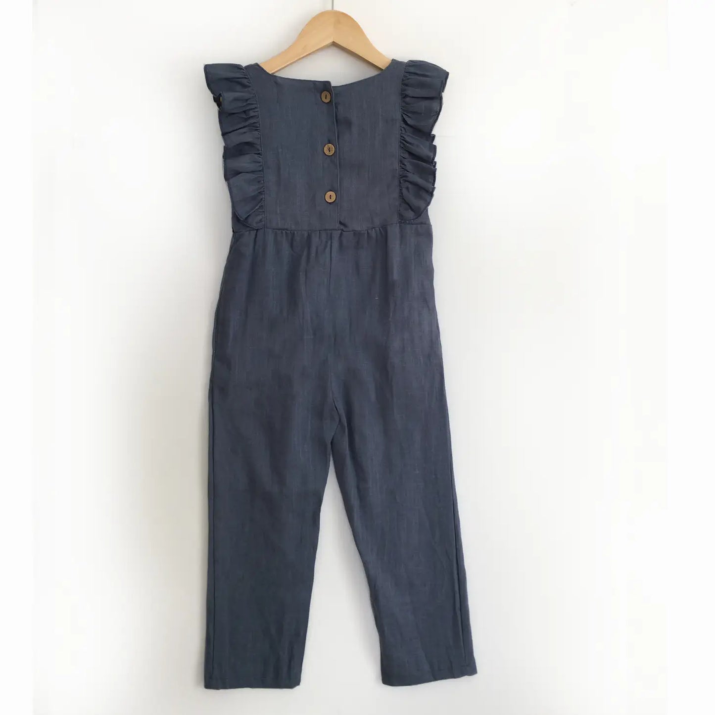 Navy Blue Linen Ruffle Romper with Pants