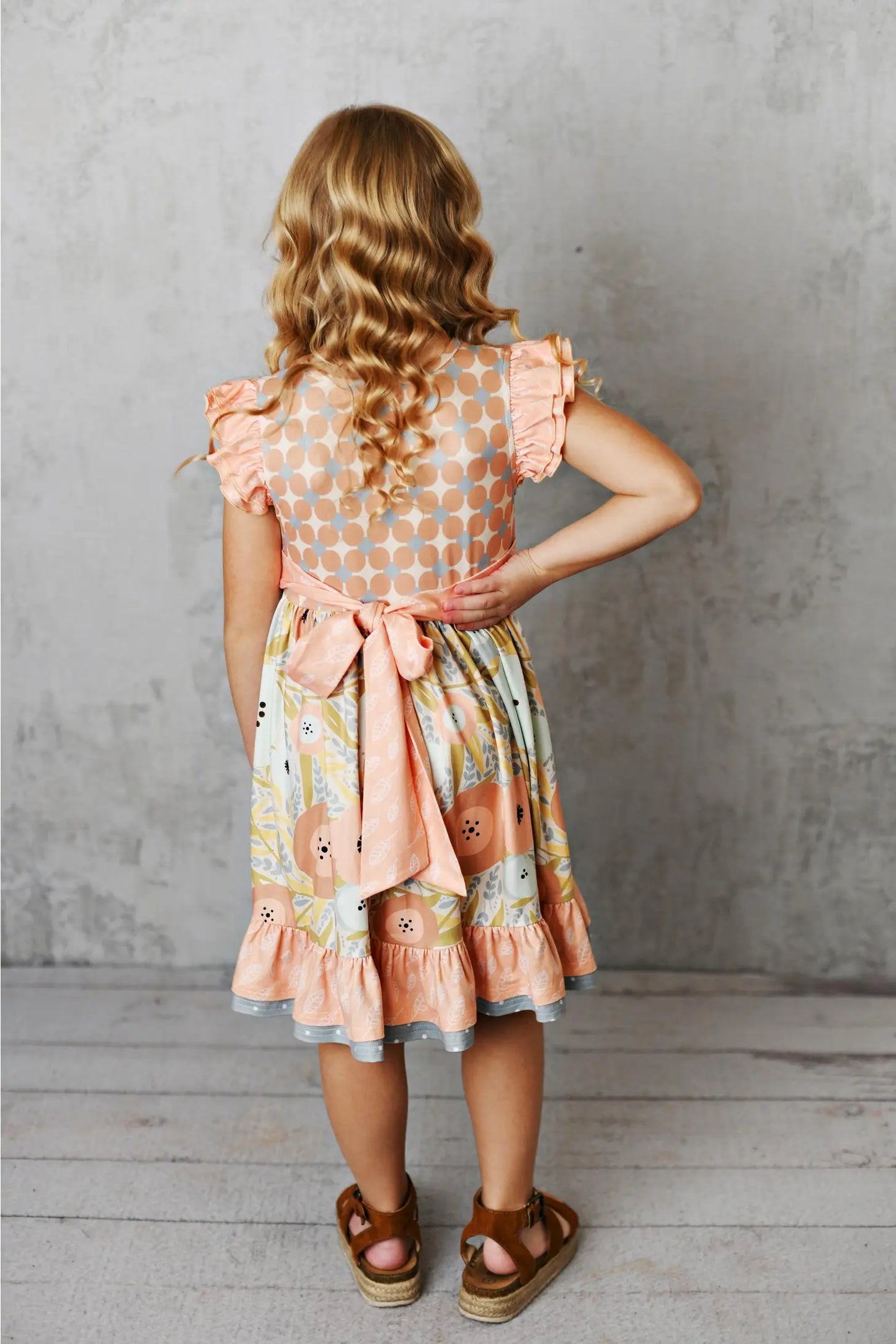 Girls Olivia Peach & Gray Floral Rosette Twirl Spring Dress