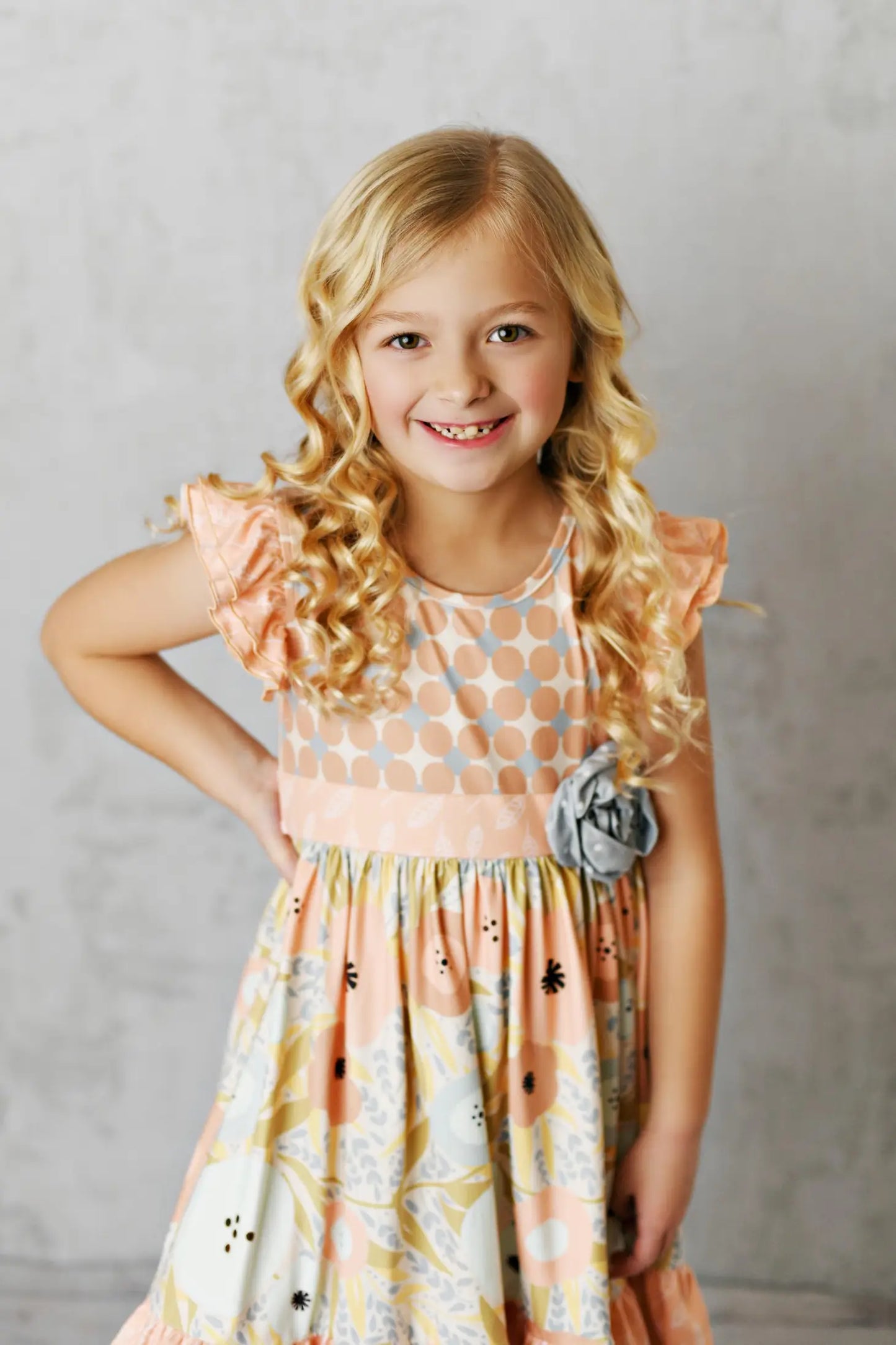 Girls Olivia Peach & Gray Floral Rosette Twirl Spring Dress