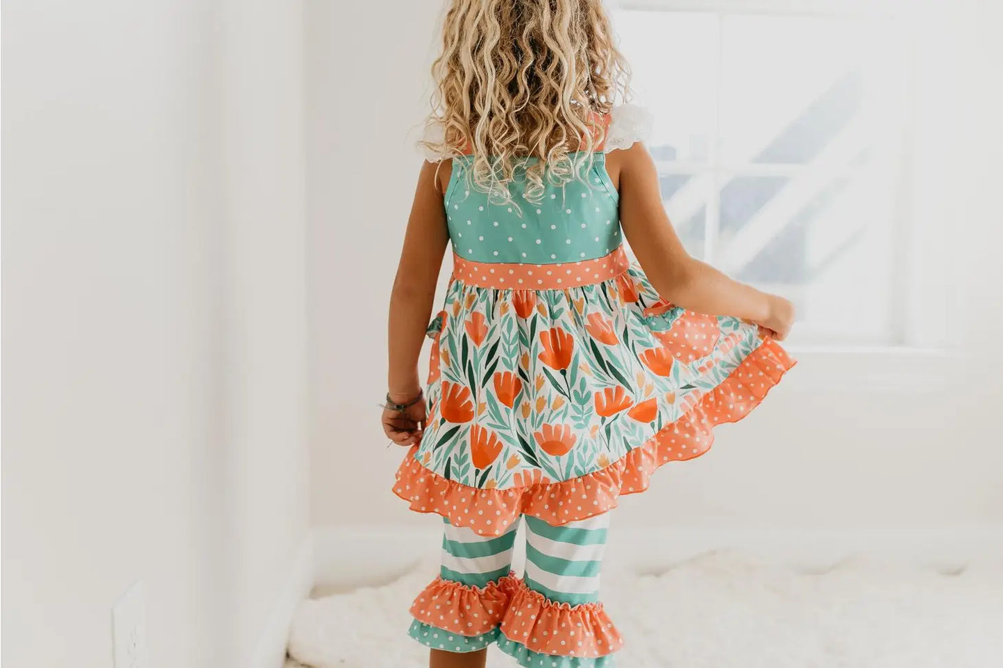 Kids Coral Floral Ruffle Capri Pocket Spring Set